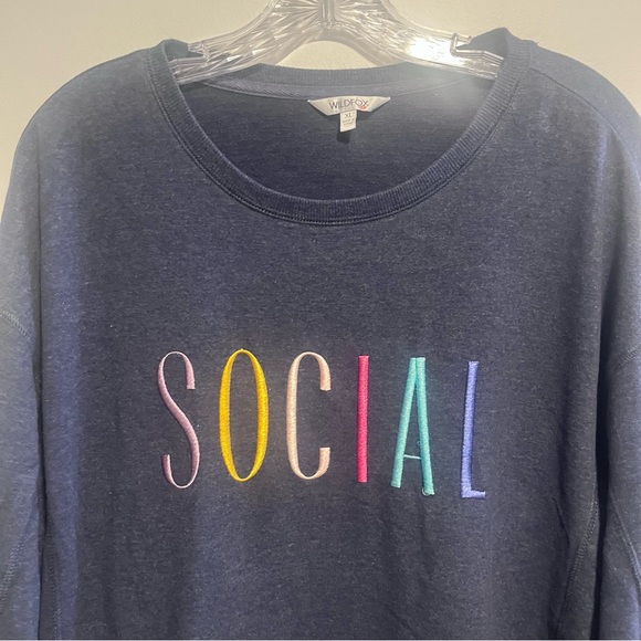 Wildfox Social Graphic Embroidered Sweatshirt XL Navy Oversized Cozy Pullover - Picture 5 of 12